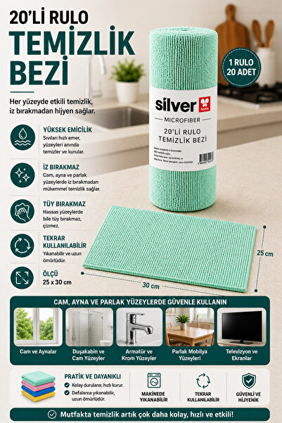 SİLVER HOME 20'li Rulo Mikrofiber Temizlik Bezi 25x30 cm Çok Amaçlı Kopart Kullan Kaliteli Eko Paket