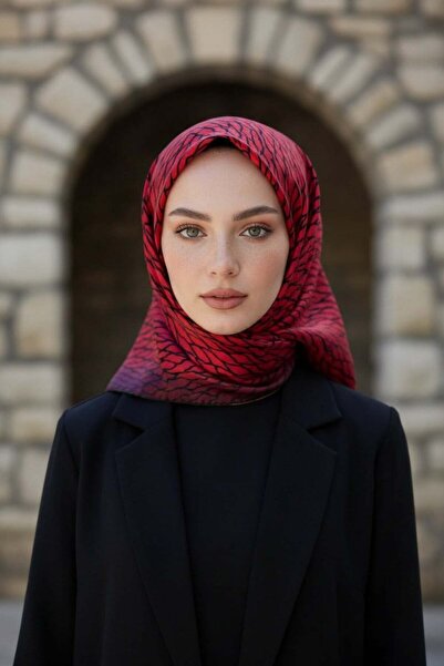 Vissona %100 Twill İpek File Desenli Kırmızı - Siyah Renkli 90x90 Eşarp Dikim...