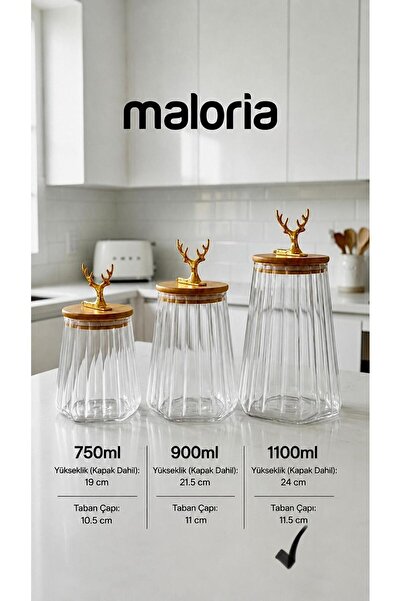 Maloria Bambu Gold Geyik Kapaklı Kristal Şeffaf Konik Çizgili Cam Kavanoz | 3...