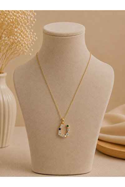 İNCİ sepette Gold Color Steel Stone Detailed Nal Pendant Koly001