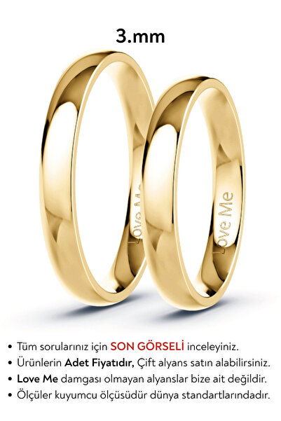 Love Me 3mm Mücevher Kalitesinde Bombeli Parlak Altın Renk Kararmaz Unisex Çe...