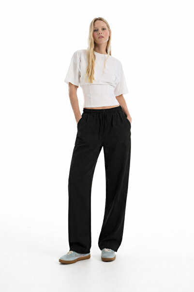DAMGA JEANS Pantaloni largi din in negru, la modă, pentru femei, pentru vară
