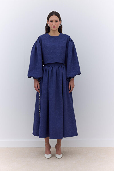 Manuka Abendbluse mit Perlendetails in Mitternachtsblau