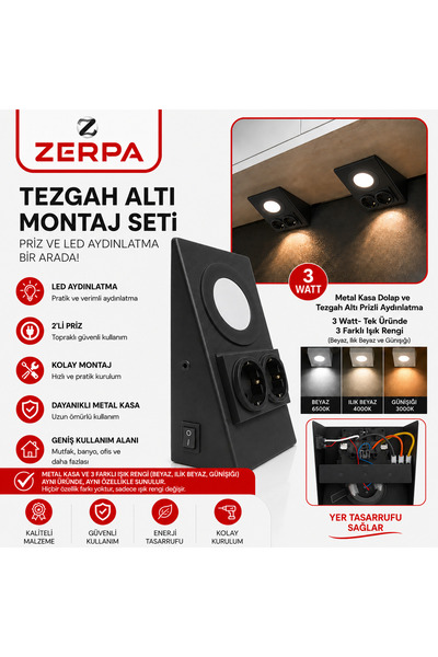 Masfitech Metal Kasa Dolap ve Tezgah Altı Prizli Aydınlatma 3 Watt- Tek Üründ...