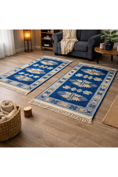 OEM Covor tradițional 1+1, 60 x 150 cm, albastru și crem, model Rustic