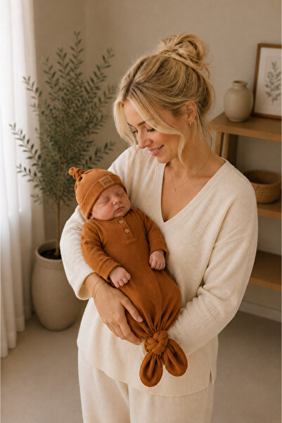 Pmini Brown Baby Sleeping Bag with Tie Detail and Hat