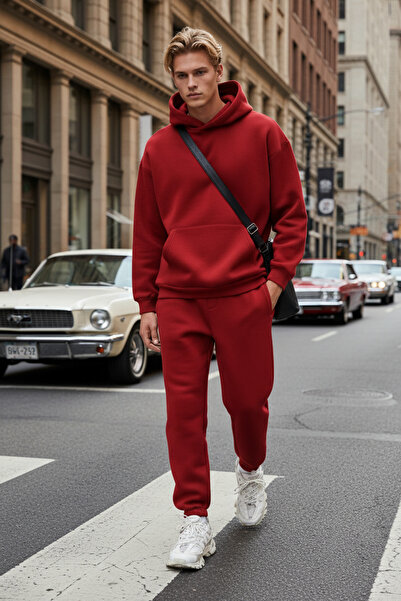 Runades Men's Polar Fleece Relaxed Fit Hooded Kangaroo Pocket Tracksuit Set -...