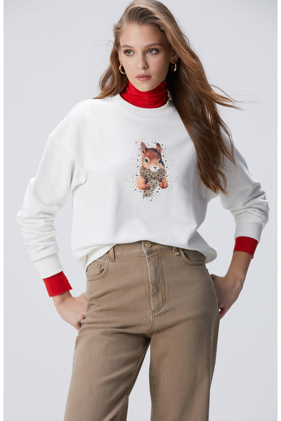 Network Kırık Beyaz Sincap Figürlü Sweatshirt