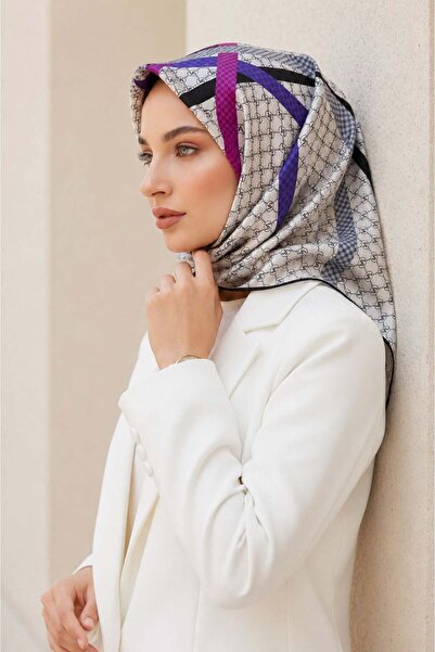 Vissona %100 Twill İpek Monogram Ve Şerit Desenli Fuşya - Siyah Renkli 90x90 ...
