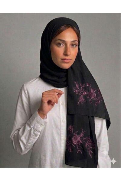 Veil Designer طرحه بوال اسود طبقتين بتطريز علي الطرفين اغصان الورد موف قماش ي...
