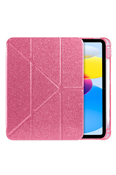 UnDePlus iPad 11.Nesil A16 11inç/10.Nesil 10.9inç Uyumlu Kılıf Simli Işıltılı Parlak Kalem Bölmeli Trifolding Case
