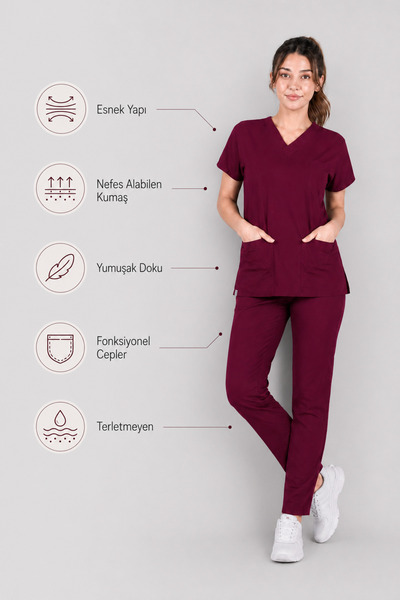 STİLMED Üniforma Bordo Hemşire ve Doktor Forması Scrubs Takımı Likralı Alt Üs...