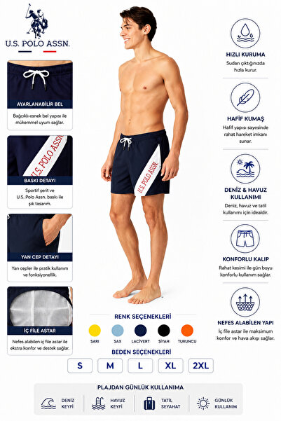 U.S. Polo Assn. Erkek Lacivert Orta Boy Deniz Şortu - 23001