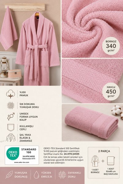 Ellaline Robe Set 100% Cotton Certified Shalyaka Bathrobe Head Towel Set 2 Pieces Powder Pink