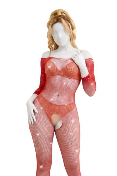 Lingerie and Fashion Style بودي ستوكينغ بأكمام طويلة مزين بالزركون
