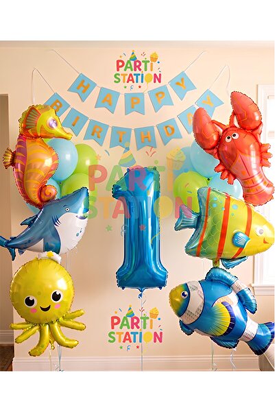 Parti Station Büyük Boy Balonlu Okyanus Hayvanları 1 Yaş Doğum Günü Balon Set...