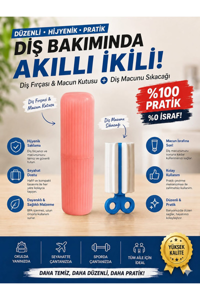 Kinlee Seyahat Diş Fırçası Kutusu + Diş Macunu Sıkacağı Pratik Set
