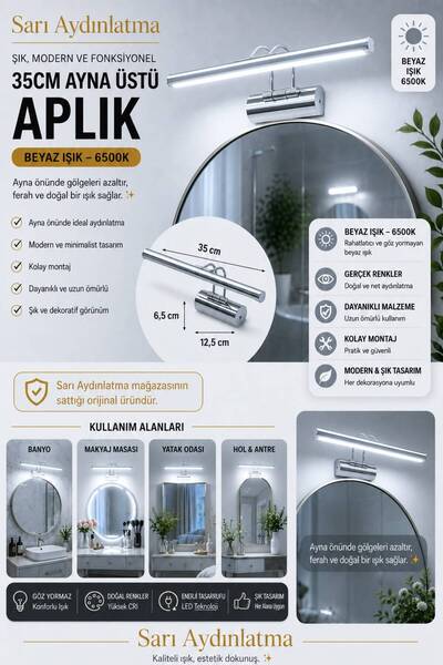 Sarı Aydınlatma 35cm Krom Kasa LED Tablo ve Ayna Üstü Aplik Beyaz Işık Modern...