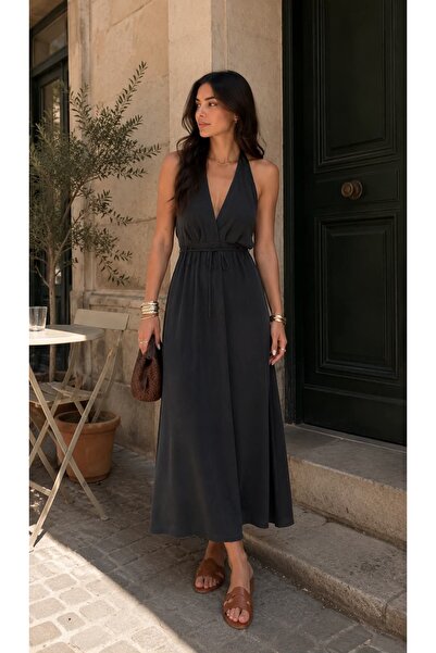 FH BUTİK Modal Kumaş Halter Yaka Kruvaze Midi Elbise