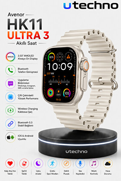utechno Avenor HK11 Ultra 3 Akıllı Saat | AMOLED Ekran, Bluetooth Arama, Tüm Telefonlara Uyumlu Smartwatch