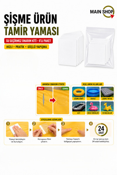 MAİN SHOP 6'lı Set Pratik Şişme Simit, Havuz ve Deniz Botu Tamir Yaması - Ken...