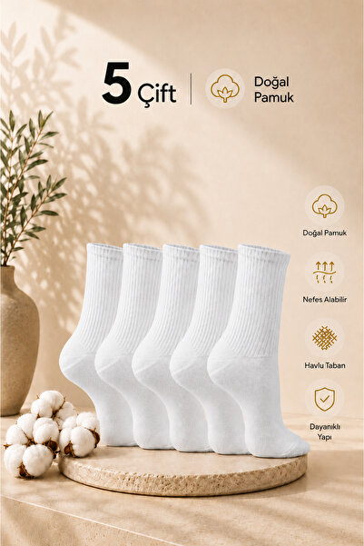 PUFAZZO Uniseks Beyaz Tenis Spor Çorap 5'lİ Set - Doğal Pamuk, Dikişsiz, Havl...