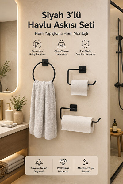 Alper Banyo Jasmin Yapışkanlı Siyah Kare 3'lü Banyo Seti | Tuvalet Kağıtlığı,...