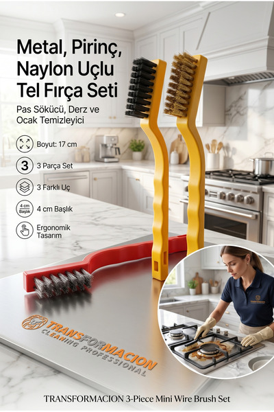 Transformacion 3'lü Mini Tel Fırça Seti | Pas Sökücü, Derz ve Ocak Temizleyic...