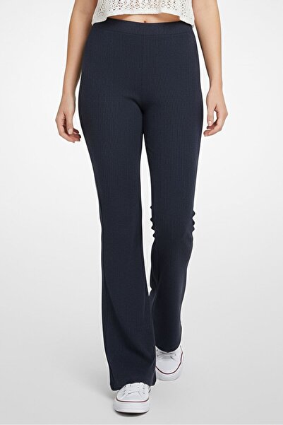 Monki Women Regular Fit Ribbed Flare Leg Pants, Washed Navy