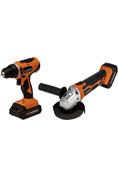 Evotools Kit burghiu, șurubelniță și polizor unghiular cu 2 baterii și încărc...