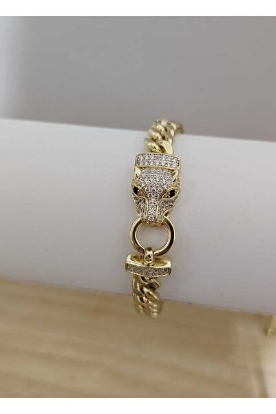 OEM BRATARA CAP DE JAGUAR ,OTEL INOXIDABIL PLACAT CU AUR 14 K