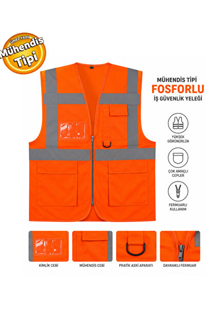 Emirhan Mühendis Tipi Cepli İkaz Yeleği Fosforlu Güvenlik Yeleği Turuncu XL B...
