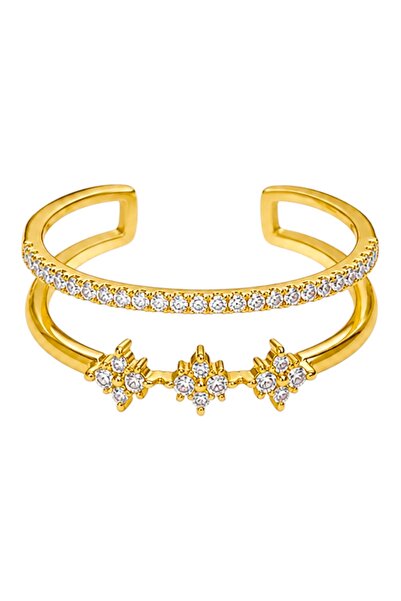 Store Diva Charm Minimalist Two-Row Adjustable Ring with Clover Motif