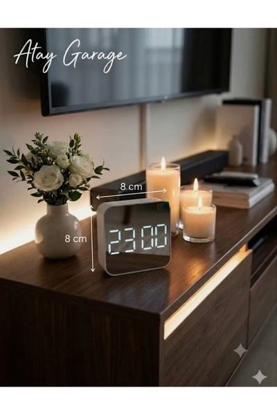 Atay Garage Modern Aynalı Dijital Masa Saati - Beyaz LED Işıklı Dekoratif Çal...