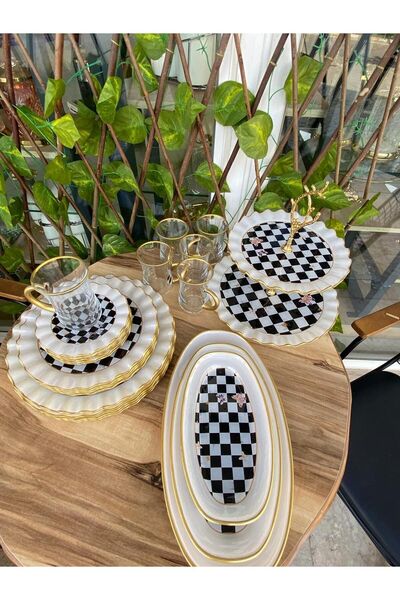 GÜRCÜGLASS Kahvaltı Ve Sunum Seti Damalı 28 Prç Kuplu