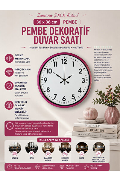 Genel Markalar 36 Cm Pembe Dekoratif Duvar Saati
