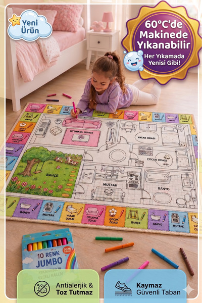 Nizal Home Eğitici Yıkanabilir Tekrar Boyanabilir Çocuk Odası Oyun Matı Boyam...