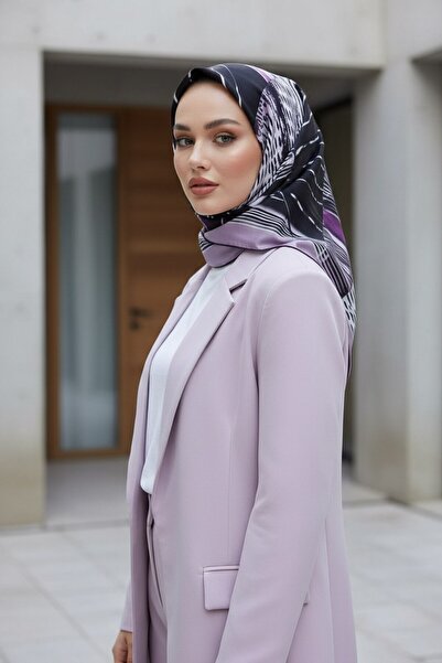 Vissona %100 Twill İpek Geometrik Desenli Lila - Mürdüm Renkli 90x90 Eşarp Di...