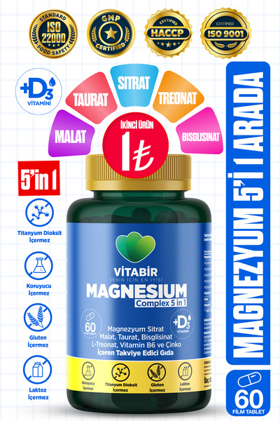 vitabir 5X Çoklu Magnezyum Complex | 5i1 Arada Bisglisinat, Taurat, Malat, Si...