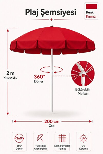 Düvenci Kırmızı Plaj Şemsiyesi 200 cm çap /10 telli, Polyester Kumaş