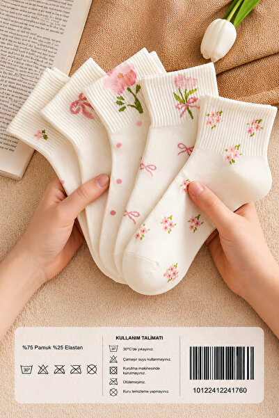 Hitit Socks 5 perechi de șosete scurte pentru femei, cu model floral mixt pre...