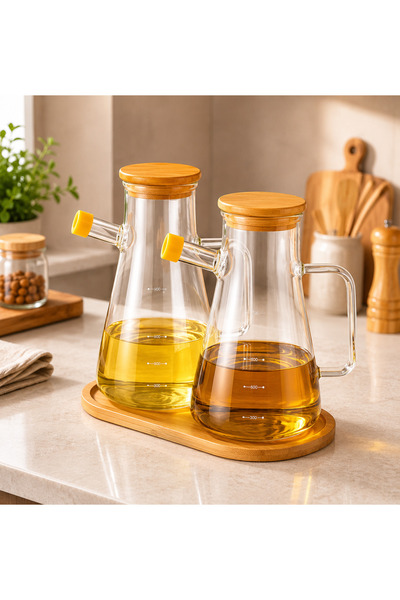 mafa home 2'li Bambu Kapaklı Bambu Stantlı Cam Yağlık Sirkelik Sosluk 900 ml