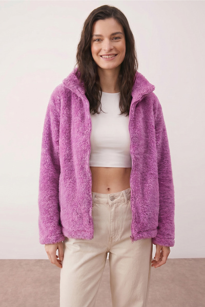 Purpleclo Kadın Oversize Fermuarlı Teddy Peluş Hırka