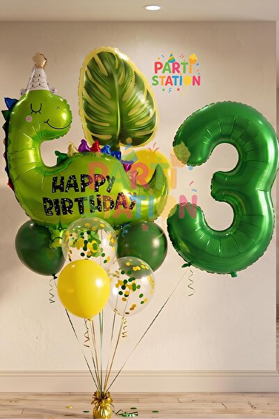 Parti Station Yeşil Dinozor Konsept 3 Yaş Balon Set Jurassic Dinozor Tema Doğ...