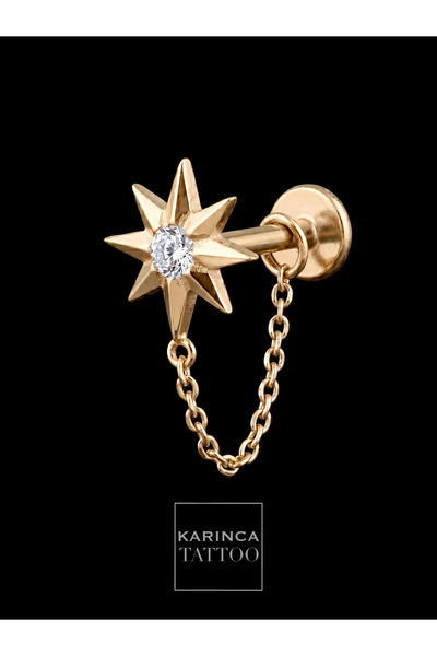 Karınca Piercing Yıldız Zincir Uzatmalı Zirkon Taşlı Kombin Piercing Tragus C...