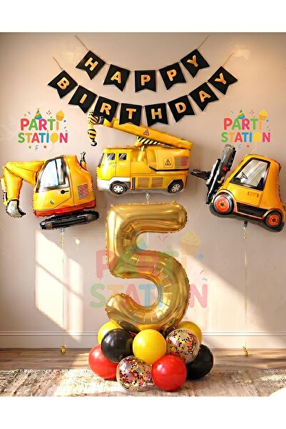 Parti Station İş Makinaları İnşaat Parti 5 Yaş Balon Set Kepçe Balon Vinç Bal...
