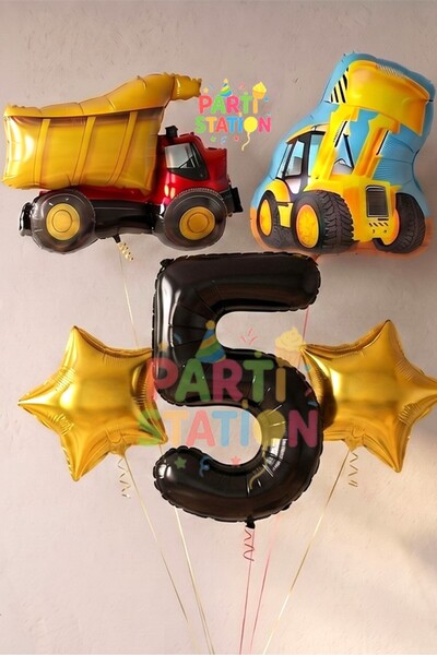 Parti Station Kamyon Dozer Kepçe Inşaat 5 Yaş Balon Set Yıldız Balon Set Kamy...