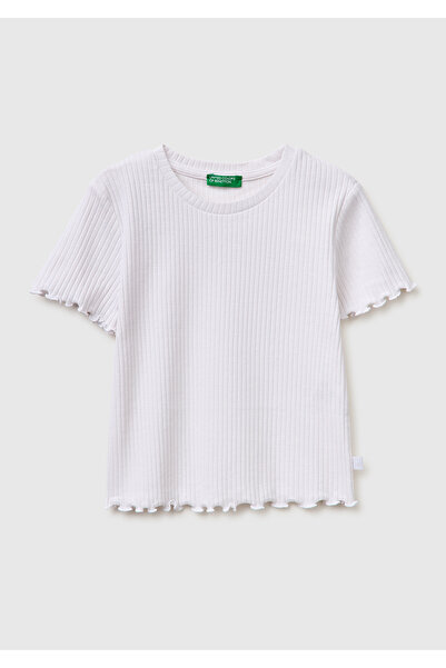 United Colors of Benetton تي شيرت أبيض للفتيات بياقة دائرية وأكمام قصيرة مع ك...