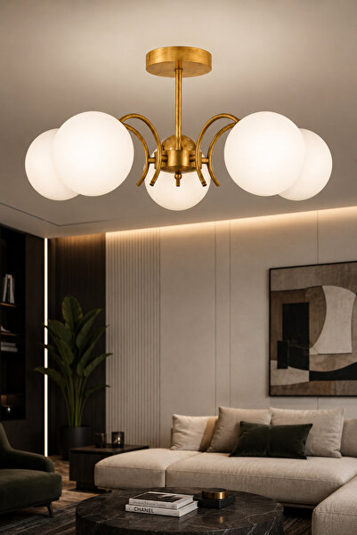 ESSLİGHT Hazal 5’li Eskitme Beyaz Camlı Modern Salon Mutfak Yatak Odası Avizesi