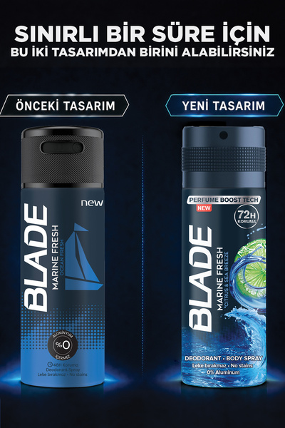 Blade Marine Fresh Erkek Alüminyumsuz Deodorant Body Spray 6x150ml Hızlı Kurur,Leke Bırakmaz